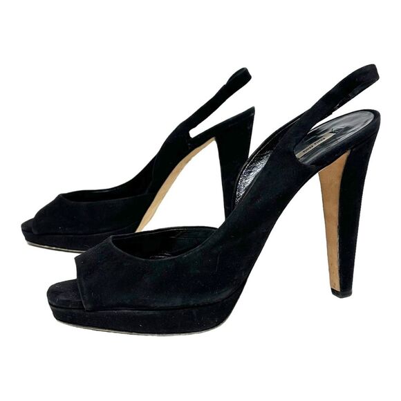MIU MIU Black Suede Leather Platform Slingback Pumps Heels Peep Toe 40 10 - Picture 7 of 16